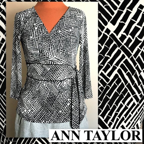 ANN TAYLOR Graphic Print Crossover Faux Wrap Top - Picture 1 of 9